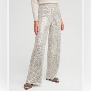 The Black Label by Chicos Sequin Wide Leg Pants Silver 16